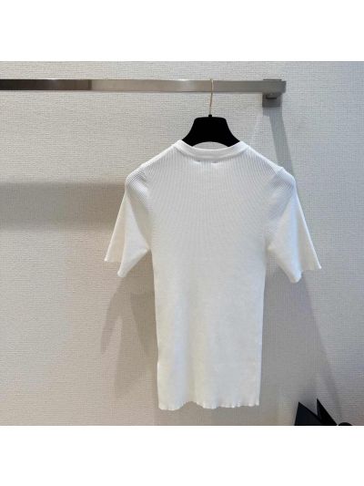 Chanel Short Sleeve Button-Front Knit Top in White