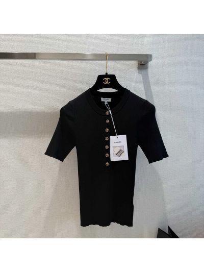 Chanel Short Sleeve Button-Front T-Shirt in Black