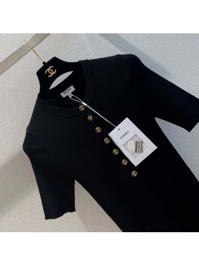 Chanel Short Sleeve Button-Front T-Shirt in Black