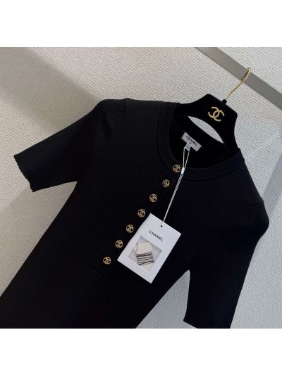 Chanel Short Sleeve Button-Front T-Shirt in Black