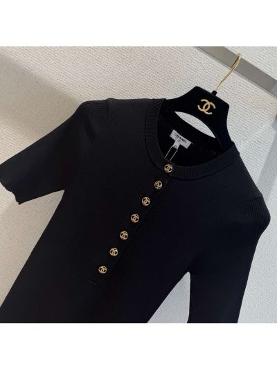 Chanel Short Sleeve Button-Front T-Shirt in Black