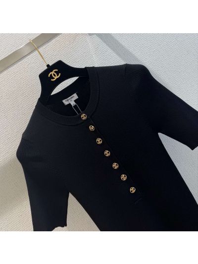 Chanel Short Sleeve Button-Front T-Shirt in Black