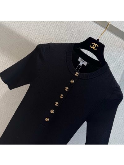 Chanel Short Sleeve Button-Front T-Shirt in Black