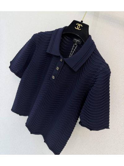 Chanel Short Sleeve Ribbed Knit Set in Navy