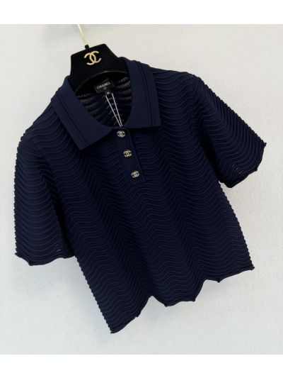 Chanel Short Sleeve Ribbed Knit Set in Navy