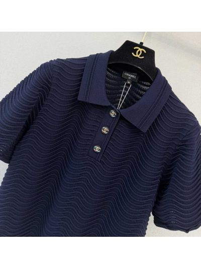 Chanel Short Sleeve Ribbed Knit Set in Navy