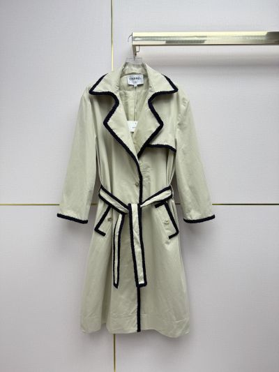 Chanel Silk Belted Coat in Beige and Navy