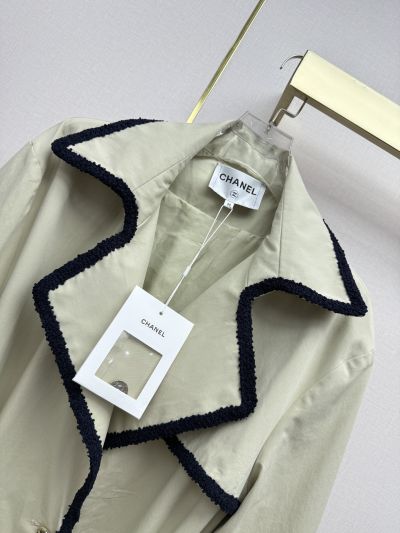 Chanel Silk Belted Coat in Beige and Navy
