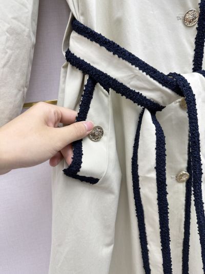 Chanel Silk Belted Coat in Beige and Navy