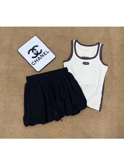 Chanel Sleeveless Contrast-Trim Set in White and Navy
