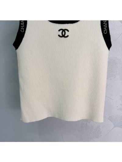 Chanel Sleeveless Contrast-Trim Top in White and Black