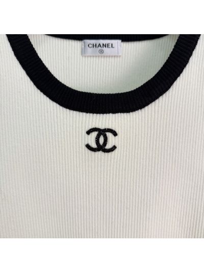 Chanel Sleeveless Contrast-Trim Top in White and Black