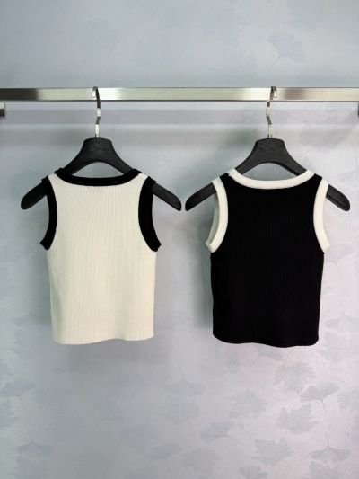 Chanel Sleeveless Contrast-Trim Top in White and Black