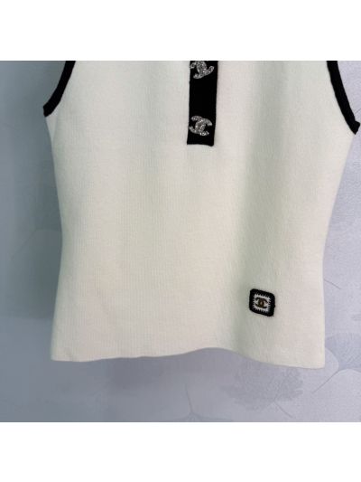 Chanel Sleeveless Contrast-Trim Top in White and Black
