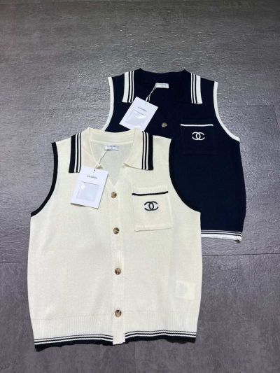 Chanel Sleeveless Embroidered Cardigan in White and Navy