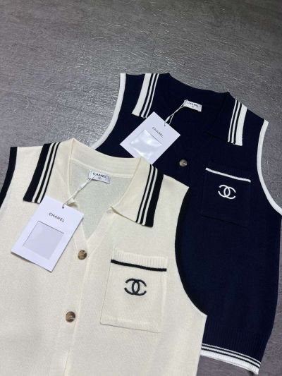 Chanel Sleeveless Embroidered Cardigan in White and Navy