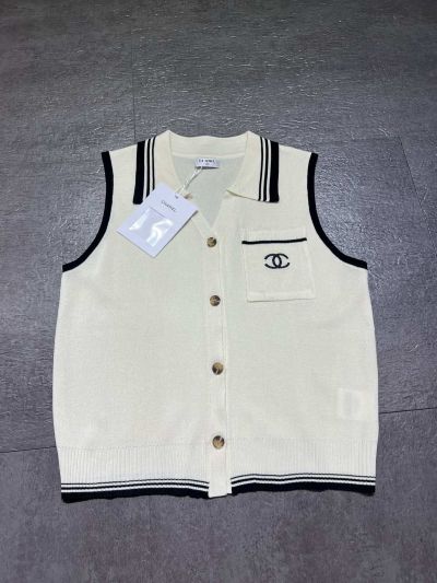 Chanel Sleeveless Embroidered Cardigan in White and Navy