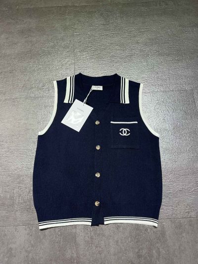 Chanel Sleeveless Embroidered Cardigan in White and Navy