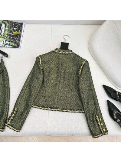 Chanel Stand Collar Double-Breasted Jacket in Black and Gold