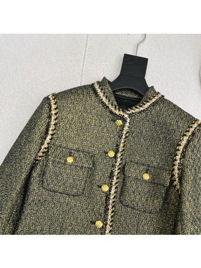 Chanel Stand Collar Double-Breasted Jacket in Black and Gold