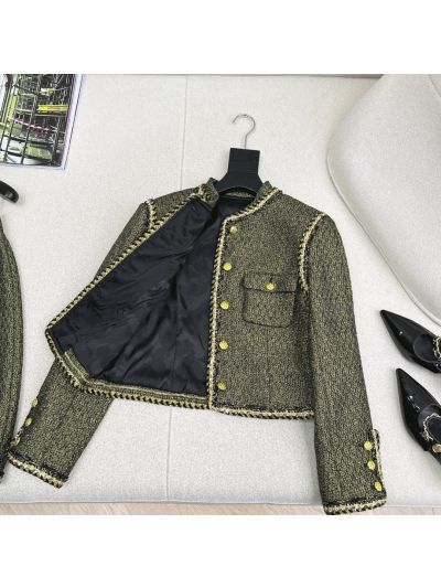 Chanel Stand Collar Double-Breasted Jacket in Black and Gold