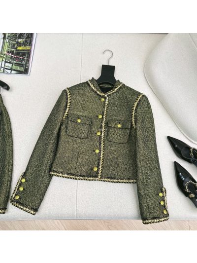 Chanel Stand Collar Double-Breasted Jacket in Black and Gold