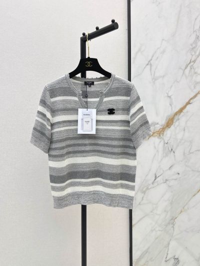 Chanel Striped Button-Front Cardigan in Grey and White