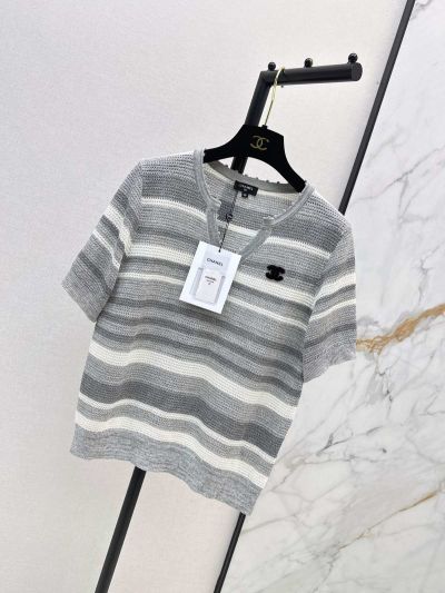 Chanel Striped Button-Front Cardigan in Grey and White