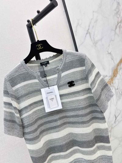 Chanel Striped Button-Front Cardigan in Grey and White