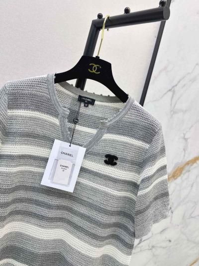 Chanel Striped Button-Front Cardigan in Grey and White