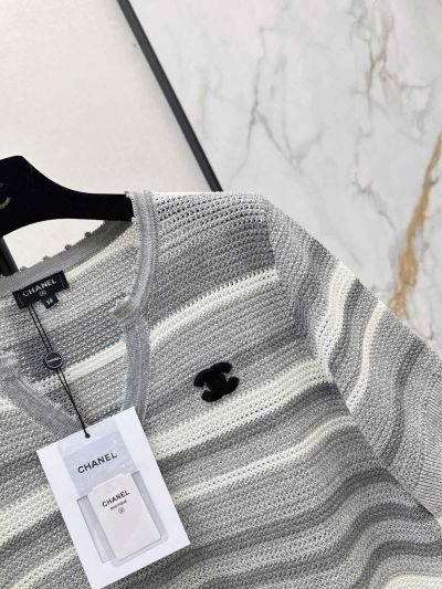 Chanel Striped Button-Front Cardigan in Grey and White