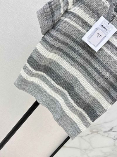 Chanel Striped Button-Front Cardigan in Grey and White