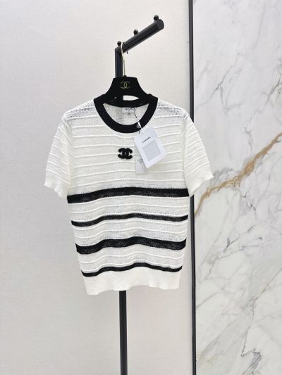 Chanel Striped Short Sleeve Knit Top in White and Black