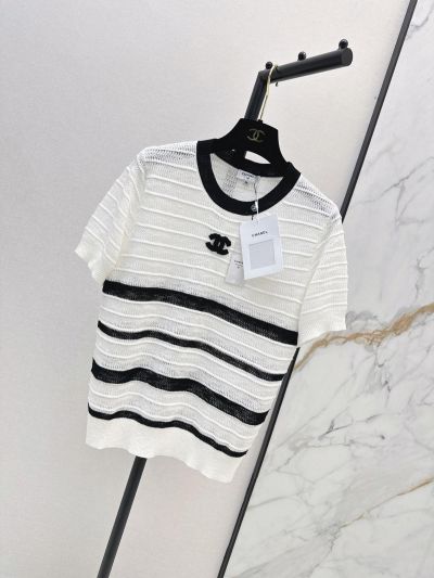 Chanel Striped Short Sleeve Knit Top in White and Black
