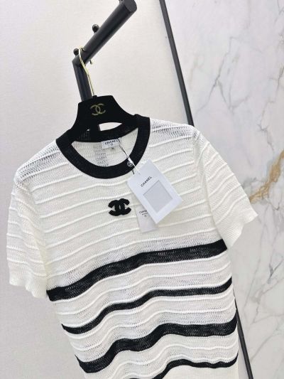 Chanel Striped Short Sleeve Knit Top in White and Black