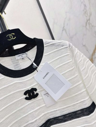Chanel Striped Short Sleeve Knit Top in White and Black