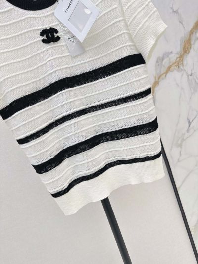 Chanel Striped Short Sleeve Knit Top in White and Black