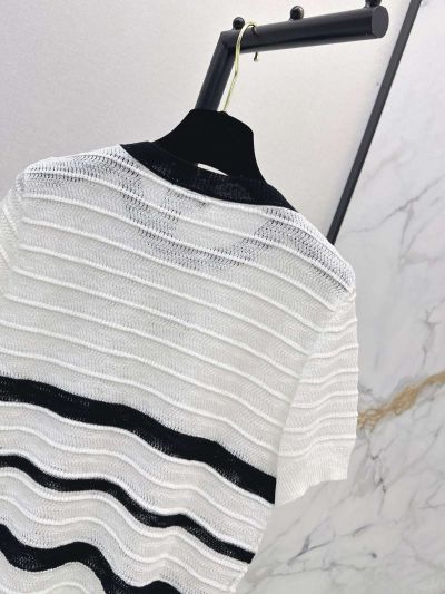 Chanel Striped Short Sleeve Knit Top in White and Black