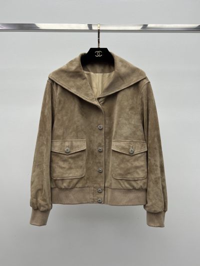 Chanel Turn-Down Collar Button-Front Coat in Beige and Dark Brown