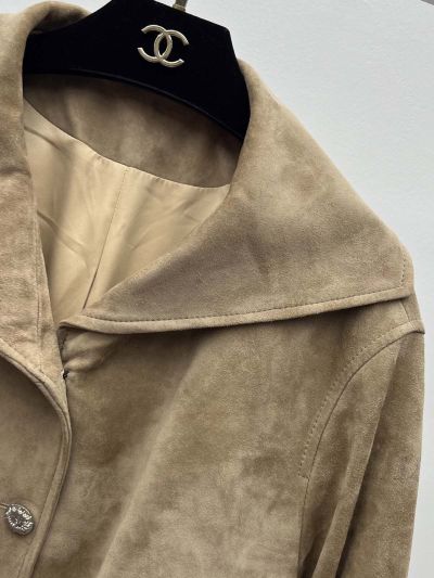 Chanel Turn-Down Collar Button-Front Coat in Beige and Dark Brown