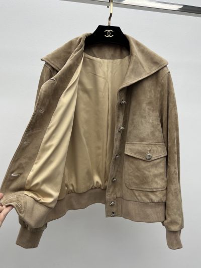 Chanel Turn-Down Collar Button-Front Coat in Beige and Dark Brown