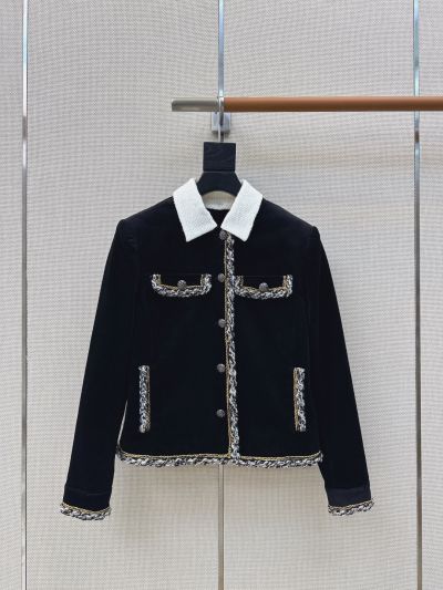 Chanel Turn-Down Collar Contrast-Trim Coat in Black and White