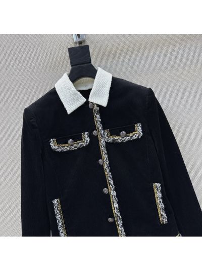 Chanel Turn-Down Collar Contrast-Trim Coat in Black and White