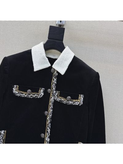 Chanel Turn-Down Collar Contrast-Trim Coat in Black and White