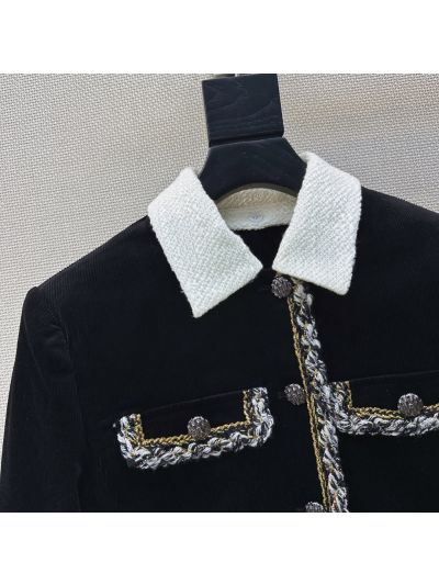 Chanel Turn-Down Collar Contrast-Trim Coat in Black and White