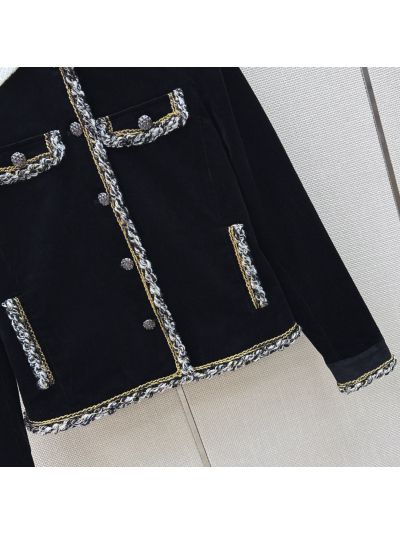 Chanel Turn-Down Collar Contrast-Trim Coat in Black and White