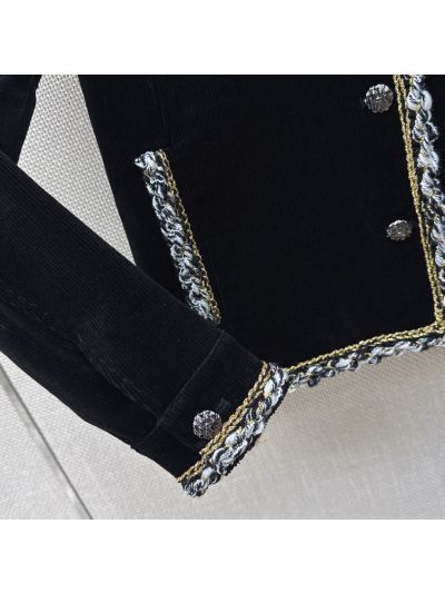 Chanel Turn-Down Collar Contrast-Trim Coat in Black and White