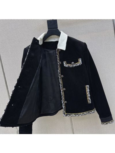 Chanel Turn-Down Collar Contrast-Trim Coat in Black and White