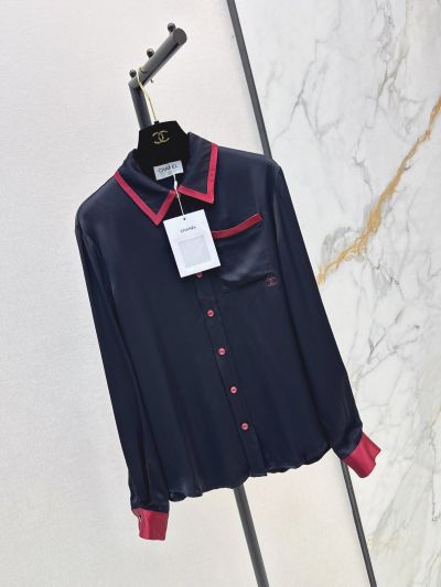 Chanel Turn-Down Collar Long Sleeve Shirt in Navy and Red