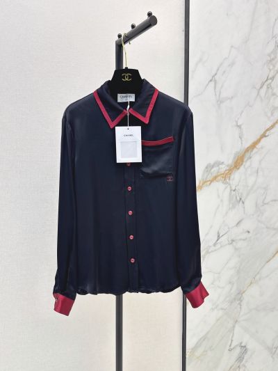 Chanel Turn-Down Collar Long Sleeve Shirt in Navy and Red
